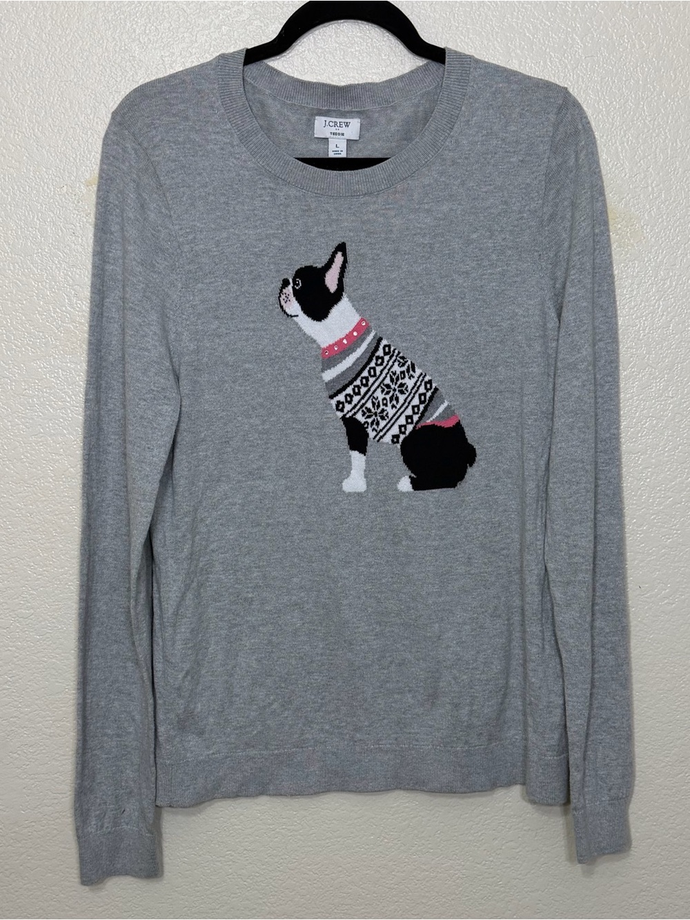 J. Crew Factory Boston terrier Teddie sweater gray size L